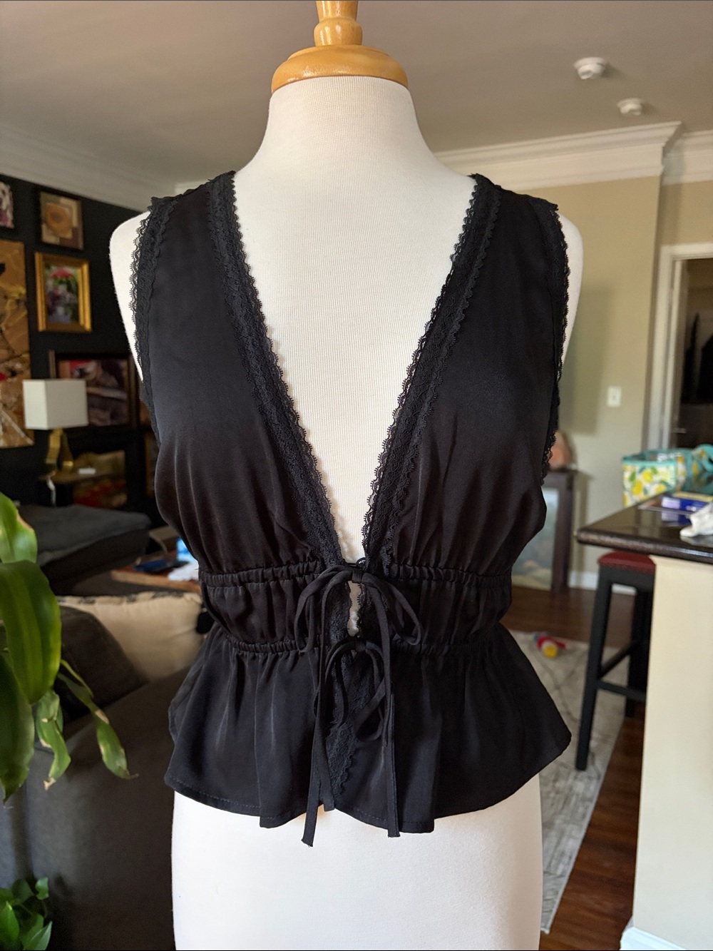 Wayf Black Lace-Trim Deep V Tie-Front Peplum Top